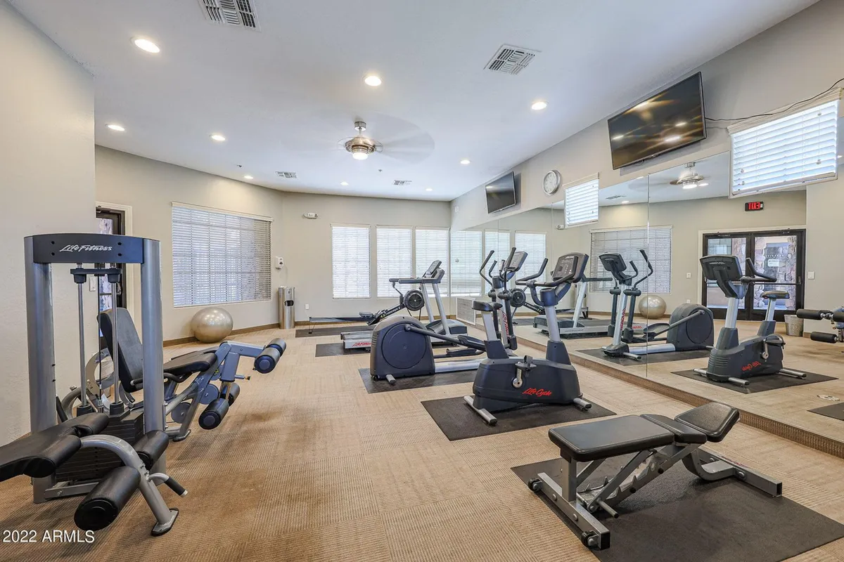 A bright, modern gym interior featuring treadmills, ellipticals, a weight bench, and an exercise ball. The space is well-lit and motivating, suggesting a vibrant, active community.